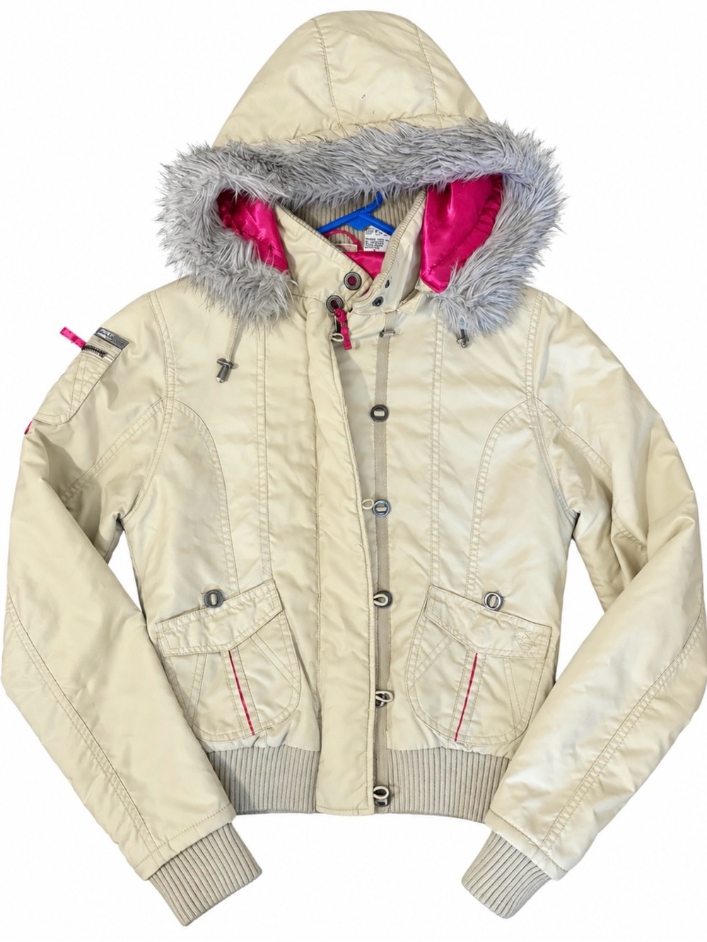 Billabong Women’s M Beige Faux Fur Hooded Bomber Jacket Y2K Winter Coat